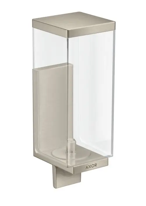 Universal Lotion Spender in gebürstetem Nickel mit transparentem Behälter. Das Produkt ist von der Marke AXOR und dient zur Wandmontage.
